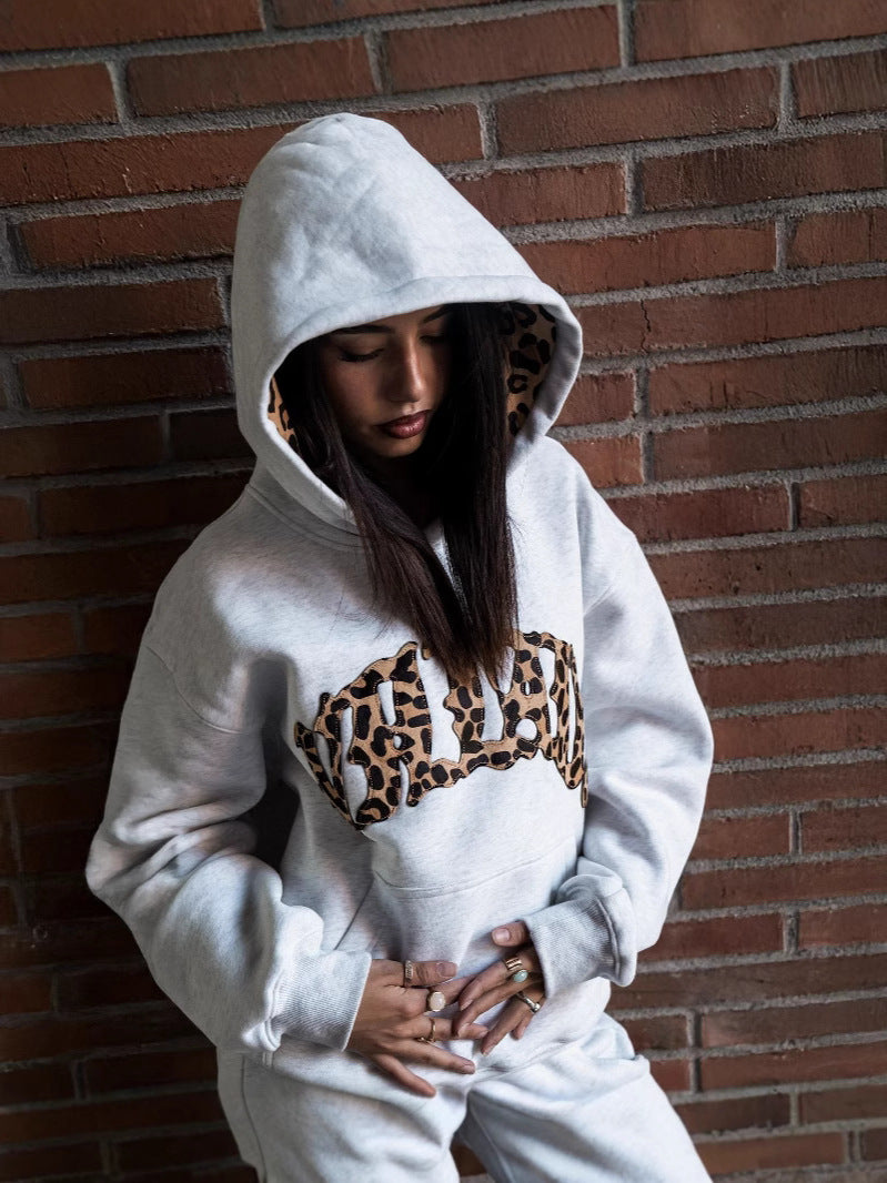 Streetwear Hooded Sweatshirt Set with Leopard Embroidery