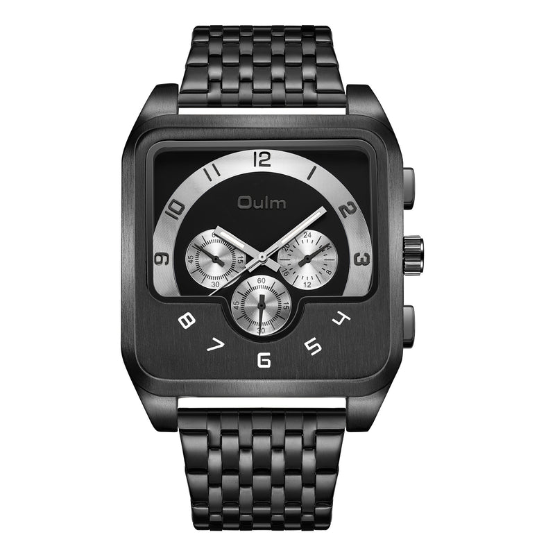 Men's Square Quartz Watch with Luminous Display and Stainless Steel Band