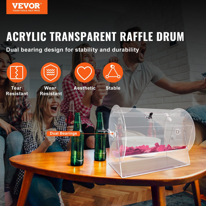 VEVOR Acrylic Raffle Drum,Professional Raffle Ticket Spinning Cage With 2 Keys, Transparent Lottery Spinning Drawing, Holds 10000 Tickets Or 300 Raffle Balls, Raffle Ticket Box For Lottery Games Bing