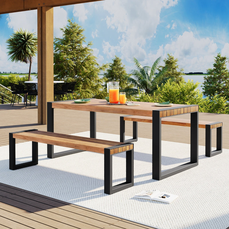 GO 3-pieces Outdoor Dining Table With 2 Benches, Patio Dining Set With Unique Top Texture, Acacia Wo