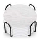 Set Of 6 Beverage Coasters With Stand Round 4in Ceramic Coaster With Metal Stand Absorbent Marble Stone Coaster With Cork Base