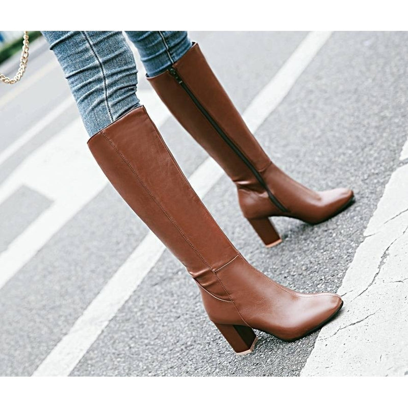 Women's Thick Heel High Boots with Side Zipper