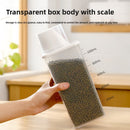 With marked measuring cups and a rice bucket