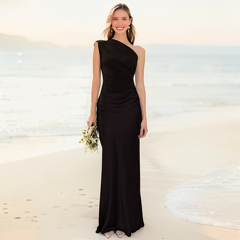 Elegant Off-Shoulder Ruched Satin Dress