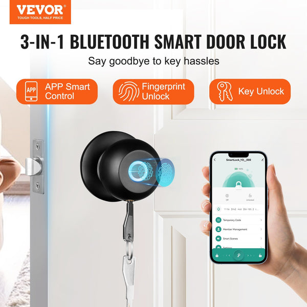 VEVOR Smart Door Knob, Biometric Door Lock Bluetooth Smart Lock, Fingerprint Smart Lock With APP Control, Easy Installation Door Lock, For Home Bedrooms, Cloakroom, Hotels, Apartments Offices, Black