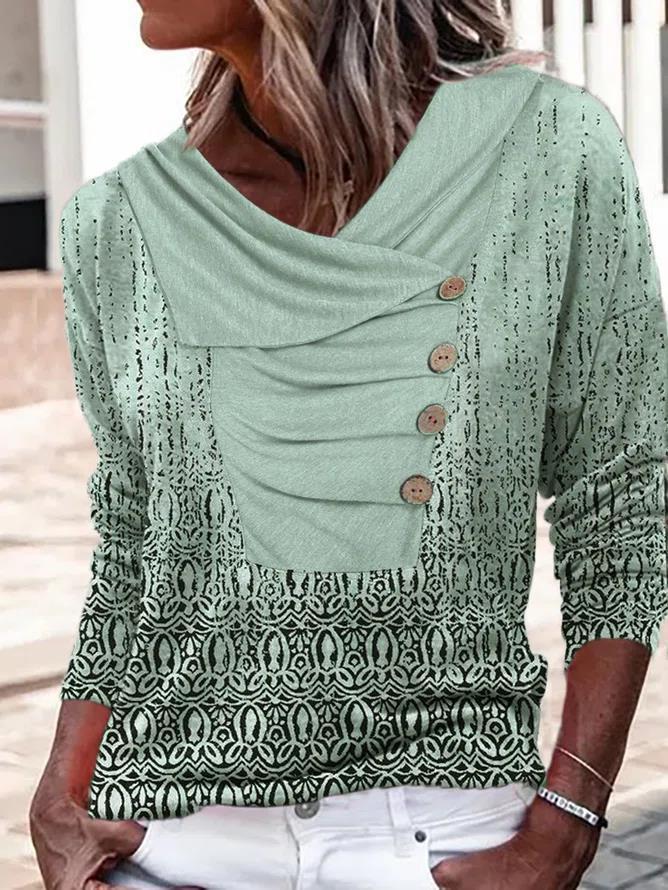 Women's Long-sleeved Lapel Button Loose Print T-shirt Sweater