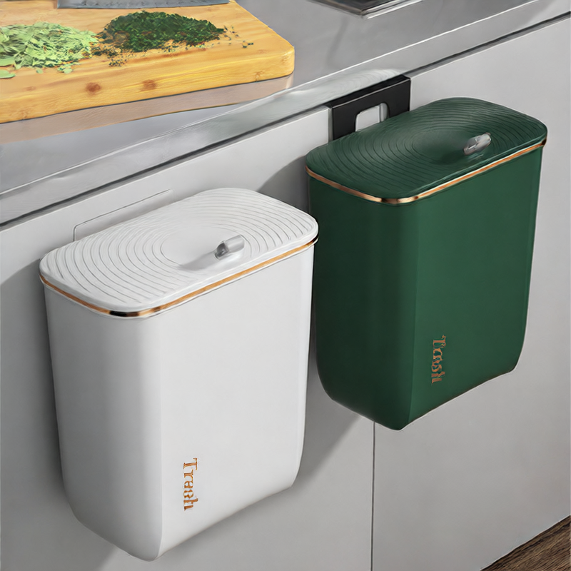 Wall-mounted trash can in the bathroom