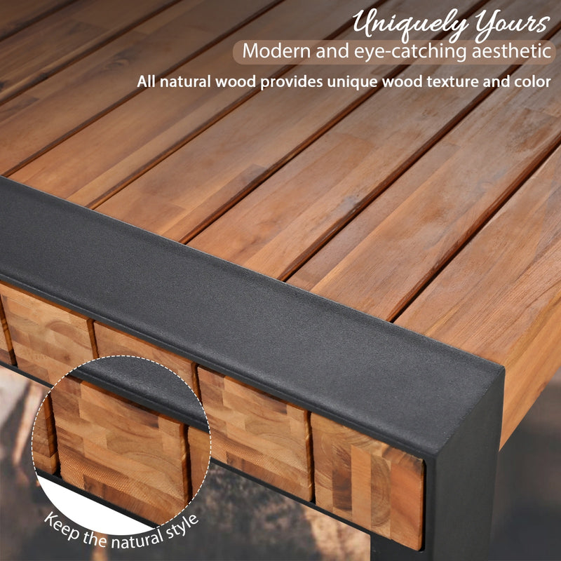 GO 3-pieces Outdoor Dining Table With 2 Benches, Patio Dining Set With Unique Top Texture, Acacia Wo