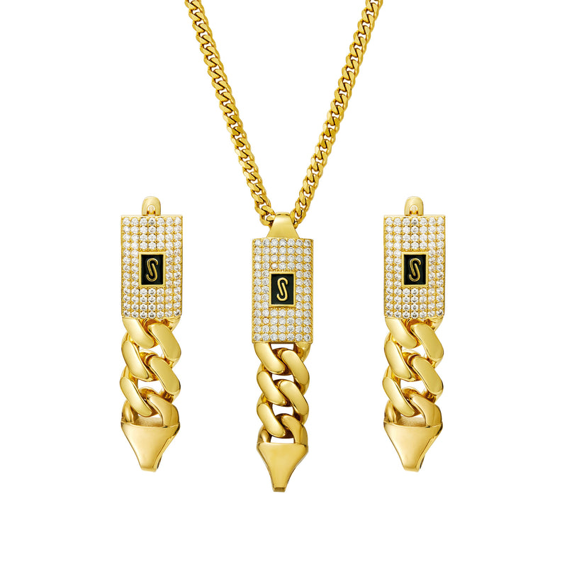Stainless Steel Cuban Chain Pendant and Earrings Set