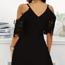 Ladies' V-neck Fashionable Loose Off Shoulder Half Sleeved One Shoulder Crochet Lace Hollow Out Casual Mini Dress