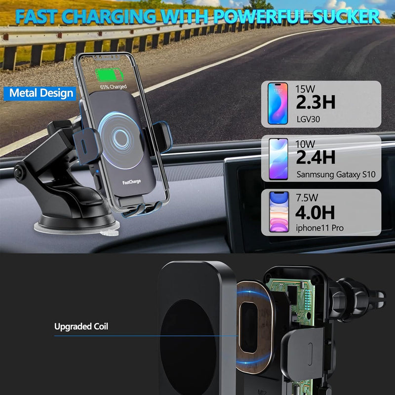 Wireless Car Charger, Fast Charging 15W Auto Clamping Car Charger Phone Holder Phone Mount