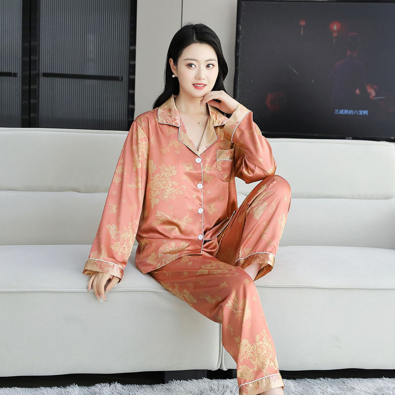 Ice Silk Pajamas Women's Summer Women's suit Long-sleeved Trousers Silk-like Pajamas Casual Light Luxury plus size Home Clothes