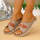 صنادل صيفية بكعب عريض وإبزيم، أحذية شاطئ نسائية بكعب سميك، مفتوحة من الأمام