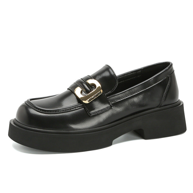 Cowhide Thick-Soled Loafers Black Versatile Leather Shoes