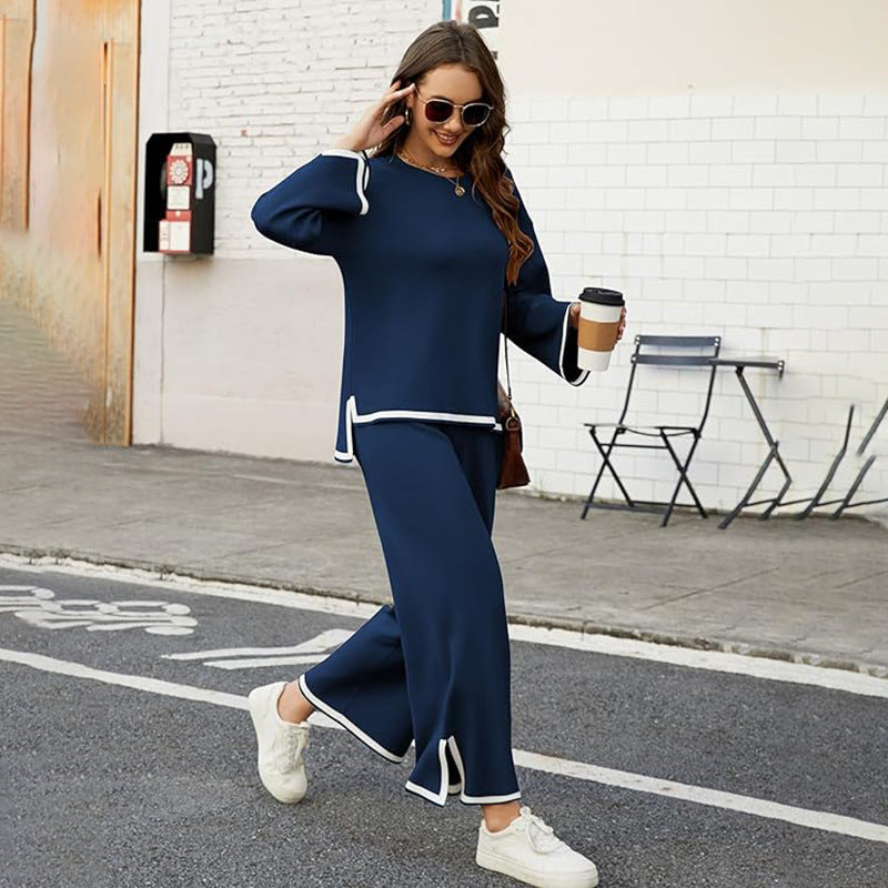 Conjunto de dos piezas de punto para mujer, manga larga, top holgado, pantalones de pierna ancha