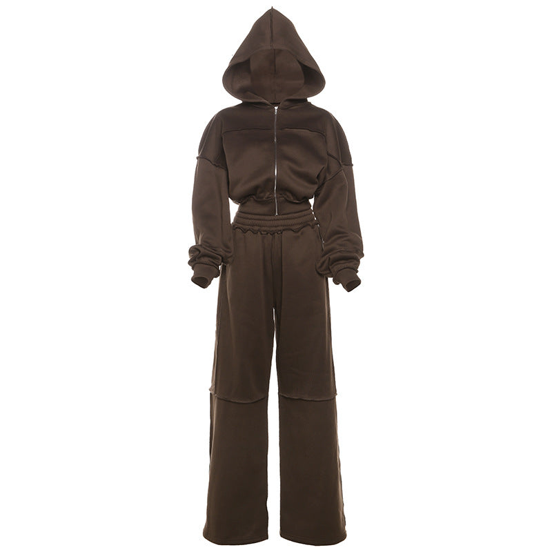 Women's Hooded Zipper Coat and Pants Suit