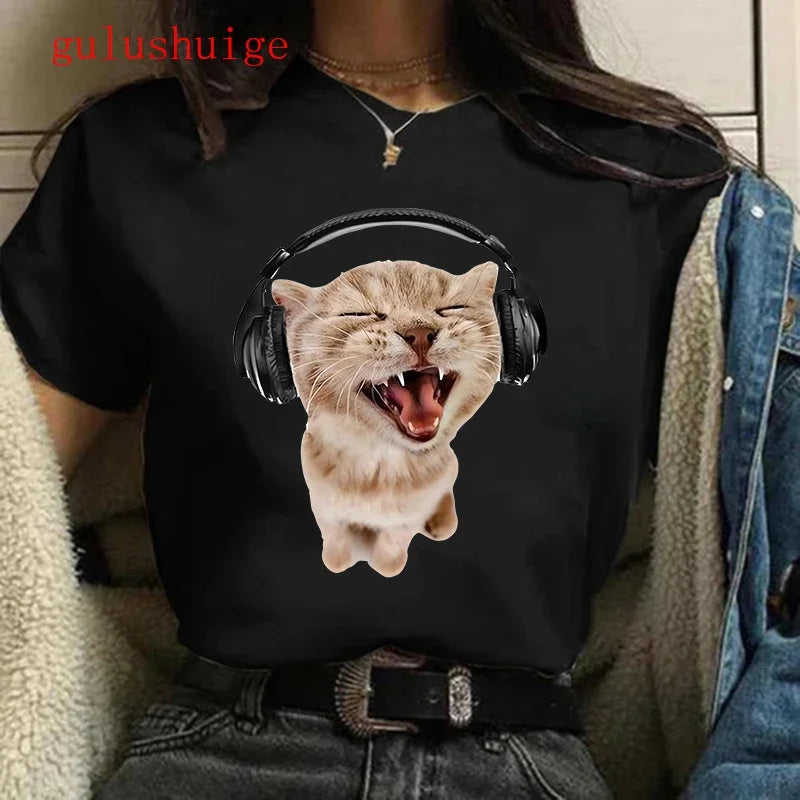 Harajuku T Shirt Funny Cat Women Kawaii T-shirt Girl Casual Short Sleeve O Neck Top for Summer Female Animal Clothing Tshirt