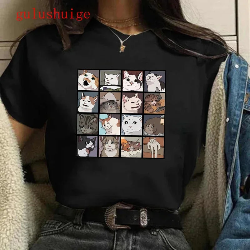 Harajuku T Shirt Funny Cat Women Kawaii T-shirt Girl Casual Short Sleeve O Neck Top for Summer Female Animal Clothing Tshirt